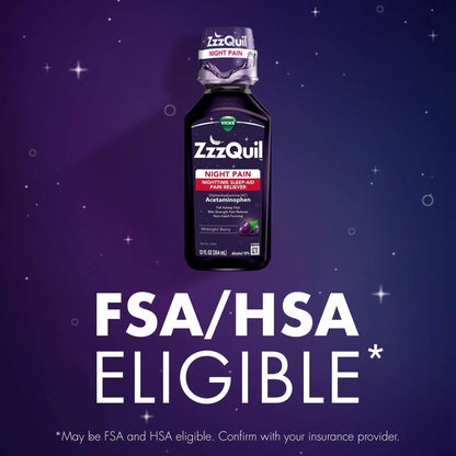 ZzzQuil Liquid, Max Strength Pain Reliever, Nighttime Sleep Aid Liquid, Acetaminophen 1000mg, Diphenhydramine 50mg HCI, Non-Habit Forming, Midnight Berry Flavored, 2 Pack, 24 FL OZ - Maple Wellness Supplements