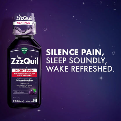 ZzzQuil Liquid, Max Strength Pain Reliever, Nighttime Sleep Aid Liquid, Acetaminophen 1000mg, Diphenhydramine 50mg HCI, Non-Habit Forming, Midnight Berry Flavored, 2 Pack, 24 FL OZ - Maple Wellness Supplements