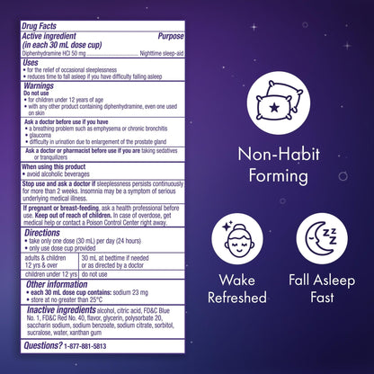 ZzzQuil, Sleep Aid, Nighttime Sleep Aid Liquid, 50 mg Diphenhydramine HCl, Fall Asleep Fast, Non-Habit Forming, Warming Berry Flavor, 12 FL OZ - Maple Wellness Supplements