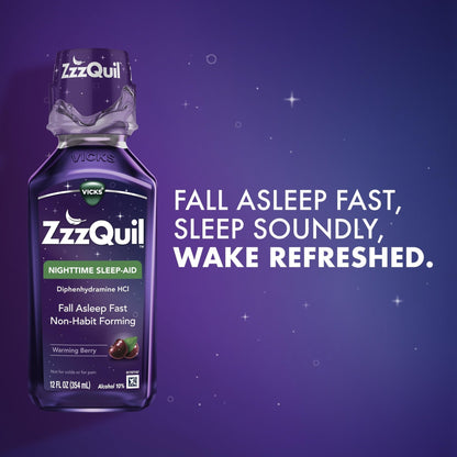 ZzzQuil, Sleep Aid, Nighttime Sleep Aid Liquid, 50 mg Diphenhydramine HCl, Fall Asleep Fast, Non-Habit Forming, Warming Berry Flavor, 12 FL OZ - Maple Wellness Supplements